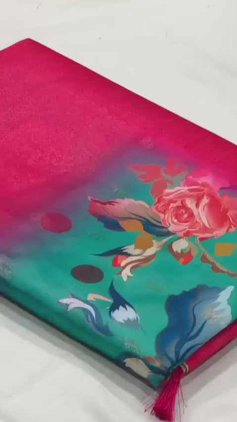 Soft Banarasi Silk Saree with Kalamkari Digital Print & Zari Weaving – Regal Party Wear for Boutique Displays & Festive Gifting