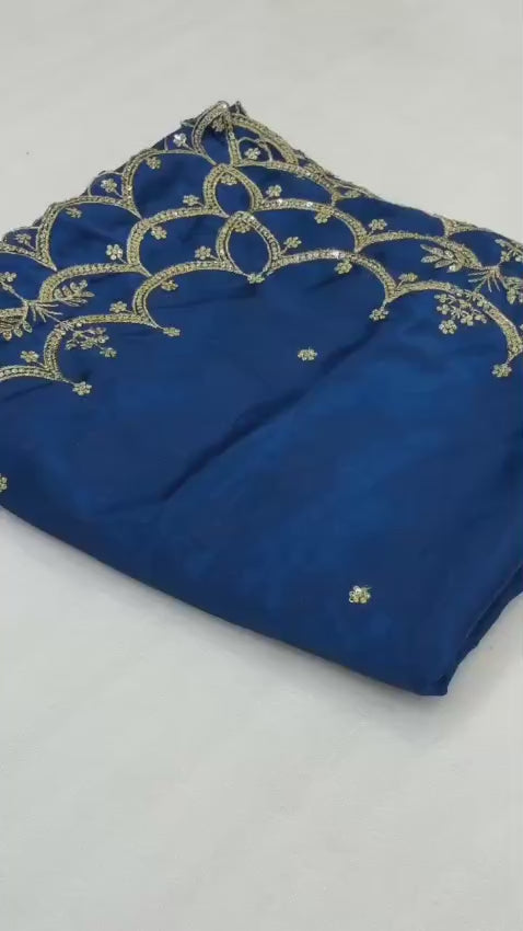 Pure Chinon Silk Saree – Embroidery, Sequence Work & Cutwork Border