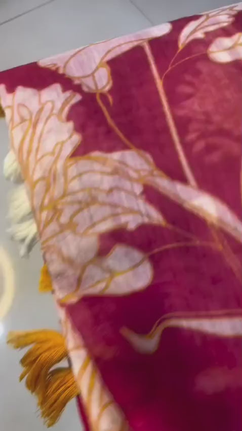 Linen Saree with Allover Floral Design, Heavy Cotton Tussels & Kalamkari Pallu – Premium Collection