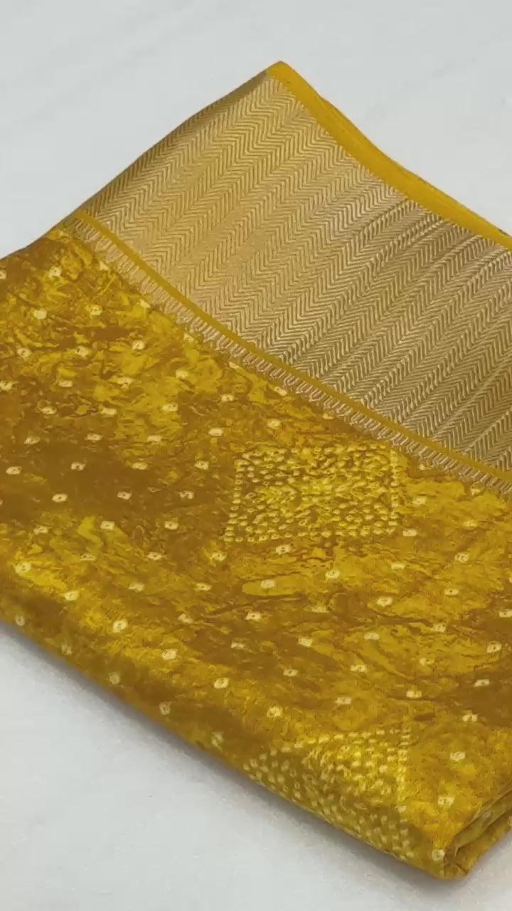 Dola Silk Bandhani Print Saree with Rich Zari Border & Matching Running Blouse – Lightweight Festive Elegance for Boutique Collections