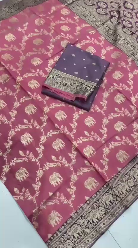 Organic Banarasi Soft Lichi Silk Saree with Rich Jacquard Work & Exclusive Blouse – Regal Comfort for Boutique Displays & Wedding Gifting