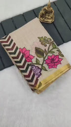 Heavy Linen Blooming Saree – Floral Digital Print with Gold Border & Motif Tassels.