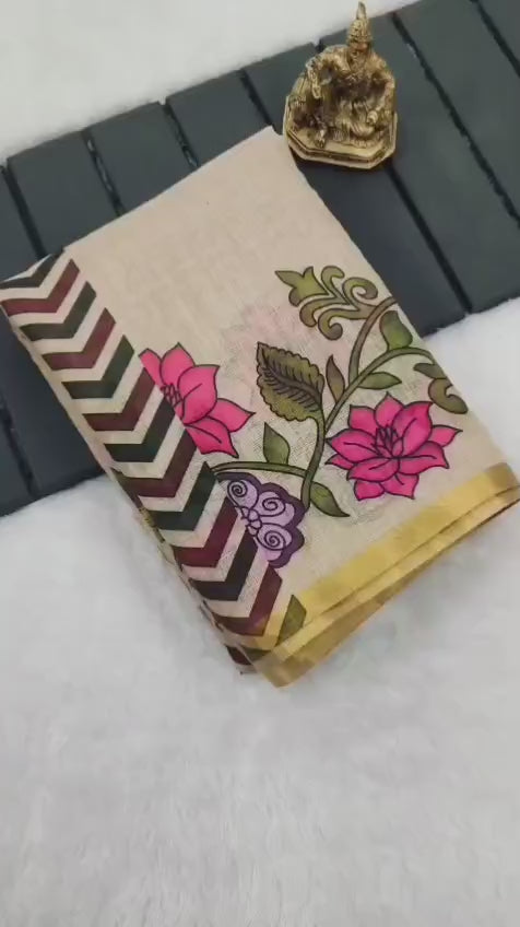 Heavy Linen Blooming Saree – Floral Digital Print with Gold Border & Motif Tassels.