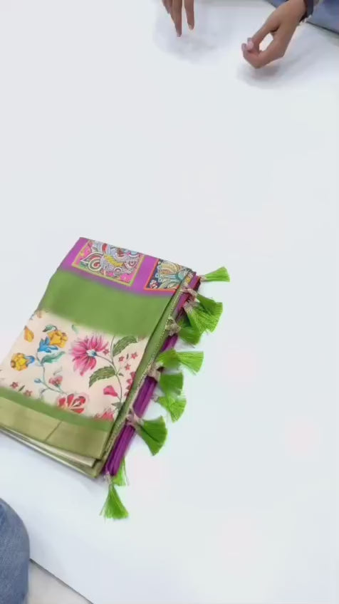 Original Soft Tussar Silk Sarees – Peacock Prints with Gold Zari Border.