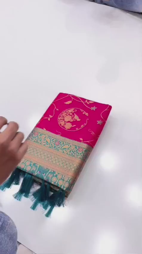 Soft Banarasi Silk Saree – Meenakari Jaal with Gold Zari Border & Rich Pallu