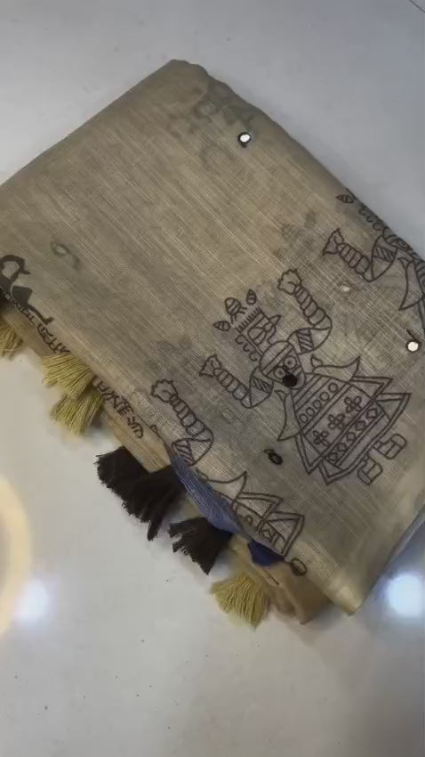 Soft Linen Cotton Saree with Aari Mirror Work & Tassled Pallu – Premium New Arrival