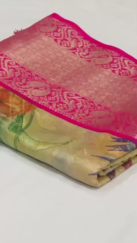 Heavy Chandrikapattu Soft Organza Jacquard Silk Saree with 3D Kalamkari Print & Zari Gold Weaving