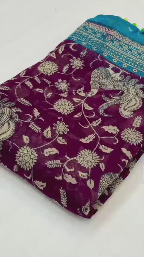 Mul Mul Cotton Ikkat Print Saree with Pom Pom border