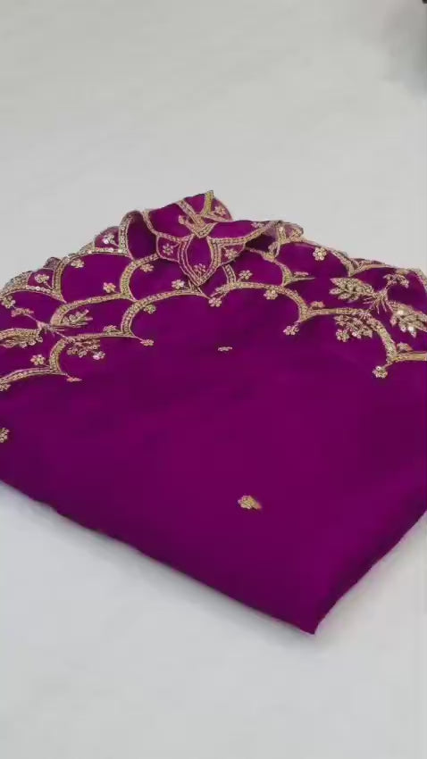 Pure Chinon Silk Saree – Embroidery, Sequence Work & Cutwork Border