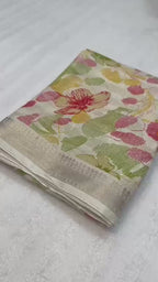 Blend Cotton Saree with Floral Prints, Zari Border & Contrast Blouse – Stylish Designer Collection