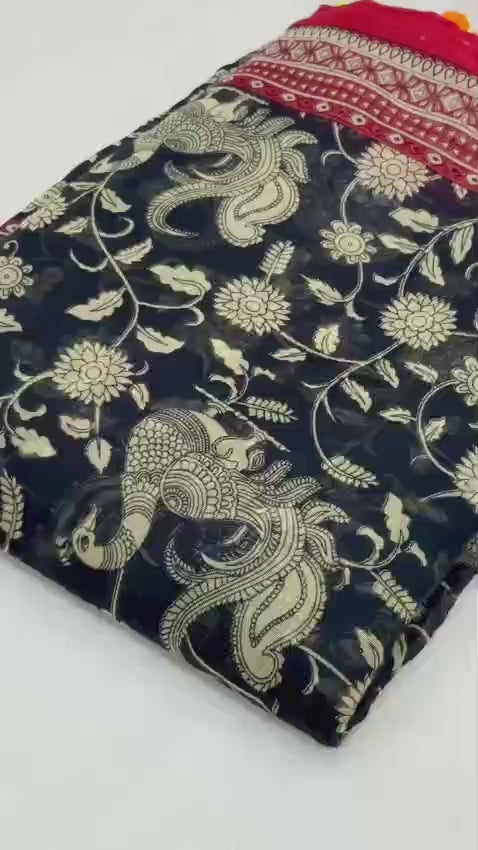 Mul Mul Cotton Ikkat Print Saree with Pom Pom border