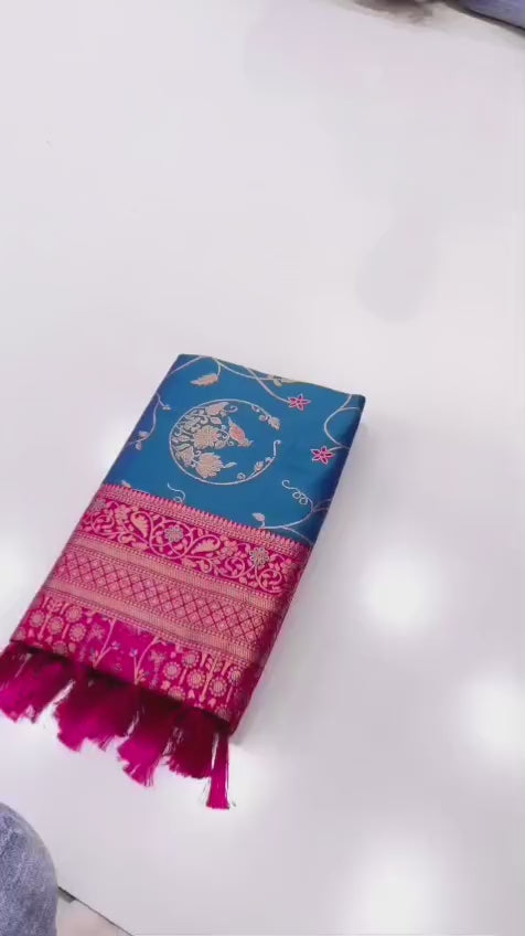 Soft Banarasi Silk Saree – Meenakari Jaal with Gold Zari Border & Rich Pallu