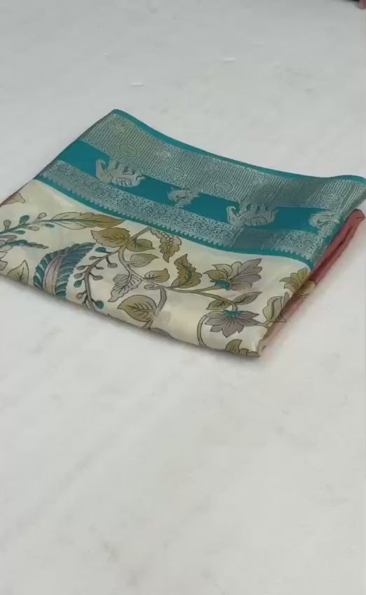 Premium Soft Dola Silk Saree with Kalamkari Print, Elephant & Peacock Weaving – Elegant Boutique Collection