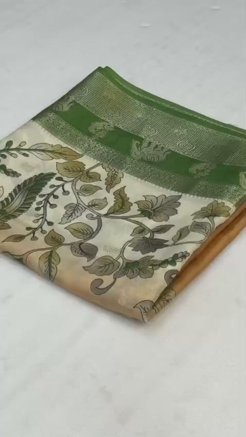 Premium Soft Dola Silk Saree with Kalamkari Print, Elephant & Peacock Weaving – Elegant Boutique Collection