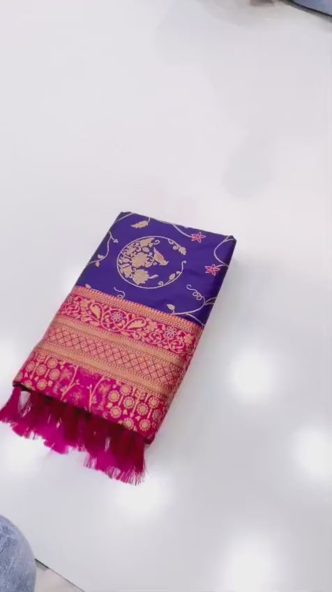 Soft Banarasi Silk Saree – Meenakari Jaal with Gold Zari Border & Rich Pallu