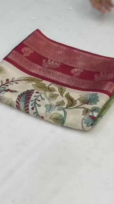 Premium Soft Dola Silk Saree with Kalamkari Print, Elephant & Peacock Weaving – Elegant Boutique Collection