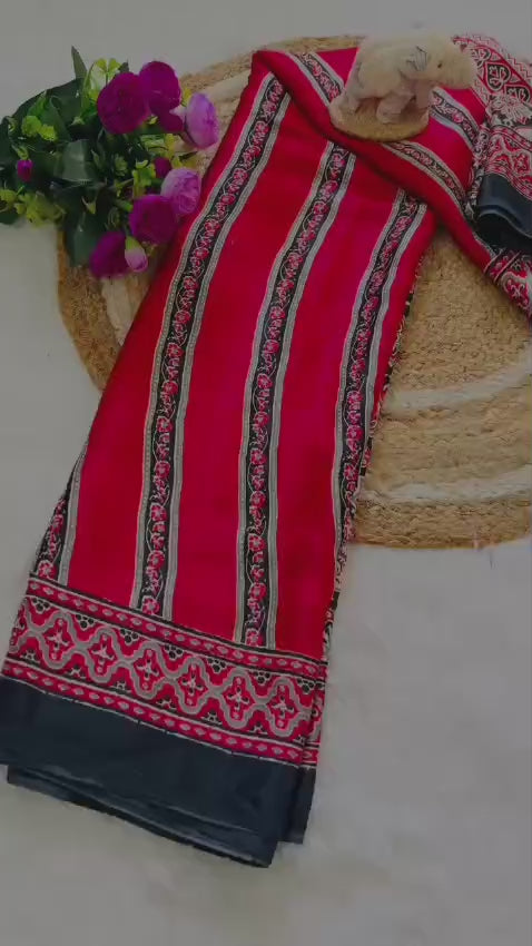 Super Hit Semi Gajji Silk Saree – Original Japan Satin Silk with Ajrakh Print Border & Rich Pallu