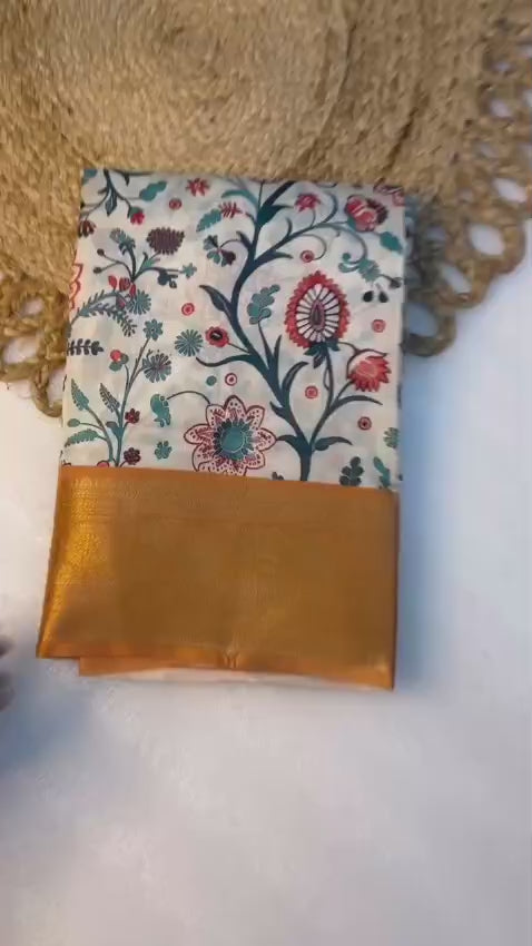 Dola Digital Saree with Kalamkari Print & Jacquard Border – Artistic Luxury for Boutique Bulk Orders