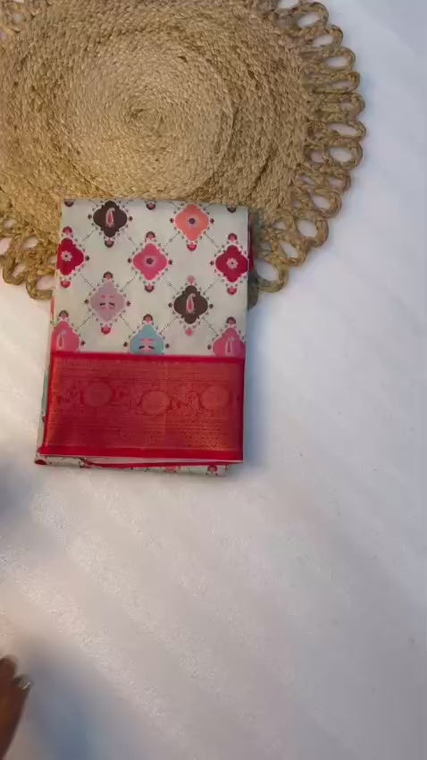 Dola Digital Saree with Kalamkari Print & Jacquard Border – Artistic Luxury for Boutique Bulk Orders