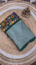 Heavy Moss Chiffon Saree with Floral Kalamkari Print & Golden Pattu Kodiyark Border