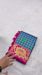 SUPER-HIT Unique Checks Paithani Silk Saree – Lotus Motifs & Contrast Brocade Blouse