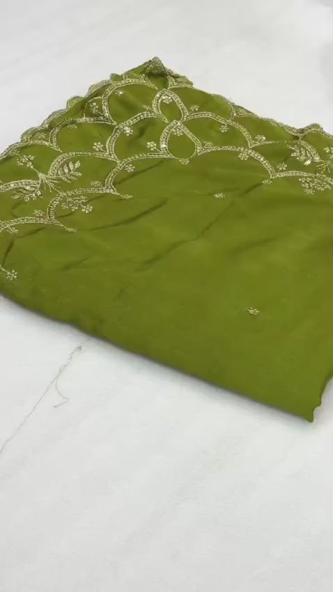 Pure Chinon Silk Saree – Embroidery, Sequence Work & Cutwork Border
