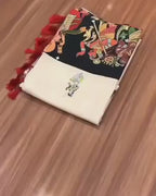 Handloom Tussar Silk Kalamkari Digital Print Saree with Tassel Pallu