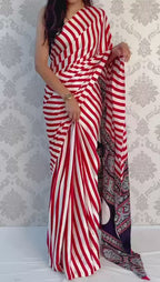 Stripe Elegance Crepe/Georgette Saree with Stylish Striped Print & Matching Blouse – Modern Party & Office Wear