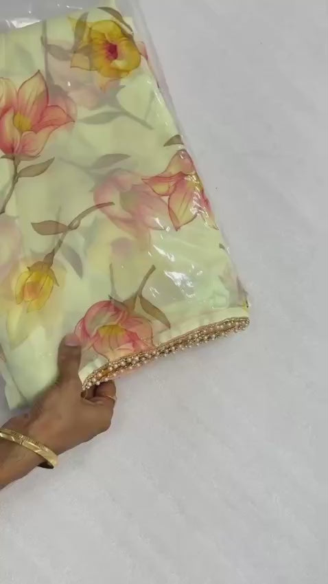 🌸 Premium Weightless Chiffon Saree – Floral Digital Print with Handwork Moti Lace Border & Cotton Blouse 🌸