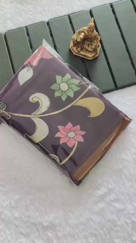 Heavy Gold Linen Blooming Saree – Peacock Kalamkari Digital Print with Motif Tassels.