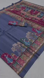 Original Silk Crepe (Silk Satin) Saree – Floral Digital Print with Tassels.