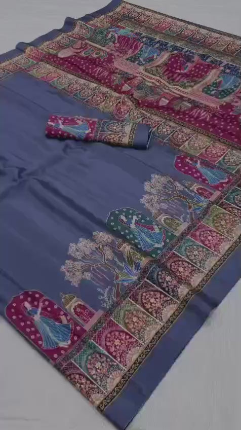 Original Silk Crepe (Silk Satin) Saree – Floral Digital Print with Tassels.