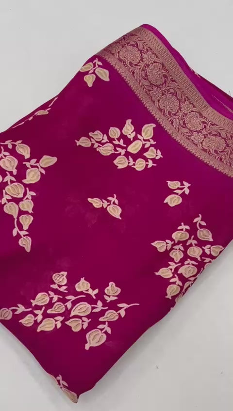 Pure Calcutta Moss Mellow Georgette Sarees with Exclusive Prints & Zari Woven Border