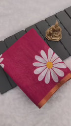 Blooming Floral Digital Print Heavy Linen Saree with Motif Tassels & Gold Border – Boutique-Ready Ethnic Elegance