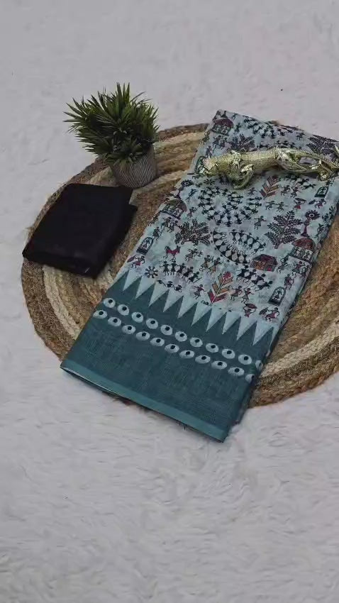 Premium Lilan Cotton Digital Print Saree – Soft, Lightweight & Trendy Folk Motifs