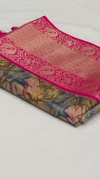 Heavy Chandrikapattu Soft Organza Jacquard Silk Saree with 3D Kalamkari Print & Zari Gold Weaving